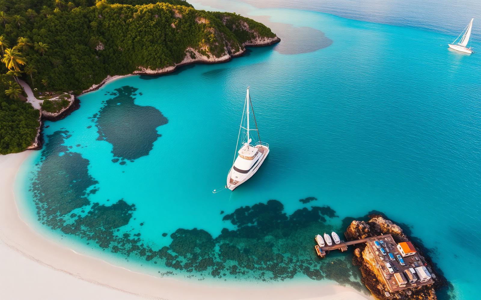 Antiguan cove with a yacht at anchor